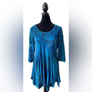 Reina: Mixed Print Blue, Green and Black Shark Bite Dress